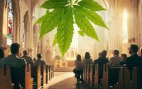 Catholic community members discussing ethical considerations of kratom use in a church setting with subtle imagery of kratom leaves.