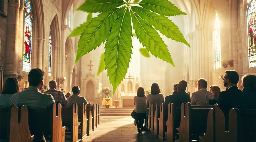 Catholic community members discussing ethical considerations of kratom use in a church setting with subtle imagery of kratom leaves.