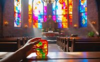 Individual in a church interior holding CBD gummies, reflecting on the balance between faith and health decisions.