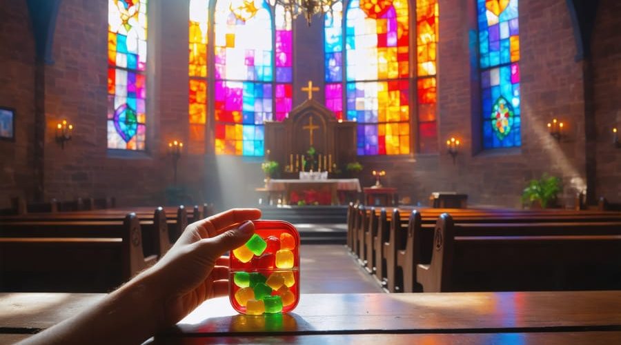 Individual in a church interior holding CBD gummies, reflecting on the balance between faith and health decisions.