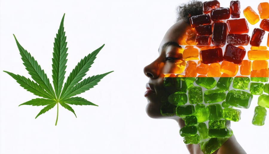 Overlay of CBD gummies and religious imagery representing personal health choices