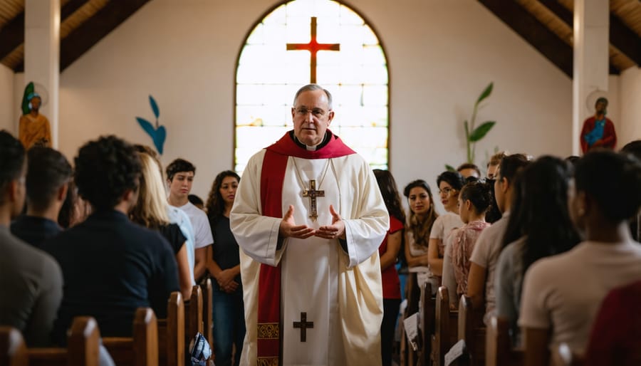 Priest speaking to a congregation about faith and modern ethical issues